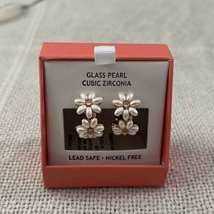 House of Harlow 1960- Glass pearl and cubic zirconia floral bridal hoop earrings